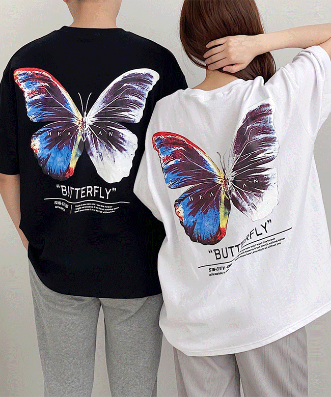 커플 레인보우 날개 스케치 시밀러룩 티셔츠